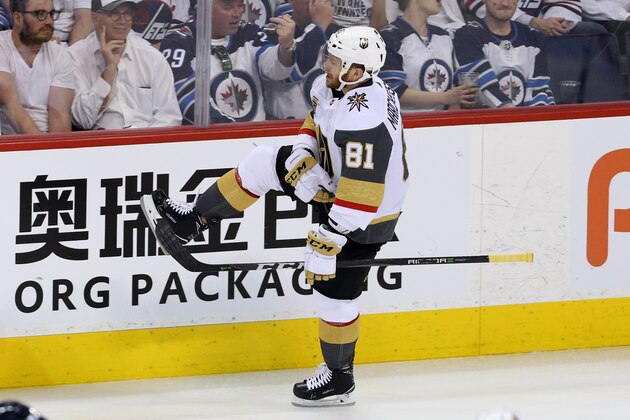 WINNIPEG, MB - MAY 14:  Jonathan Marchessault #81 of the Vegas Golden Knights celebrates his third period goal against the Winnipeg Jets in Game Two of the Western Conference Finals during the 2018 NHL Stanley Cup Playoffs at Bell MTS Place on May 14, 2018 in Winnipeg, Canada.  (Photo by Jason Halstead/Getty Images)