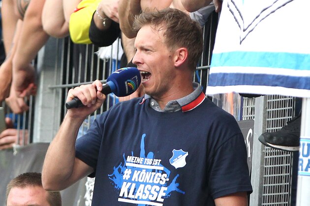 Hoffenheim's German head coach Julian Nagelsmann reacts after the German first division Bundesliga football match TSG 1899 Hoffenheim vs Borussia Dortmund in Sinsheim, southern Germany, on May 12, 2018. (Photo by Amelie QUERFURTH / AFP) / RESTRICTIONS: DURING MATCH TIME: DFL RULES TO LIMIT THE ONLINE USAGE TO 15 PICTURES PER MATCH AND FORBID IMAGE SEQUENCES TO SIMULATE VIDEO. == RESTRICTED TO EDITORIAL USE == FOR FURTHER QUERIES PLEASE CONTACT DFL DIRECTLY AT + 49 69 650050        (Photo credit should read AMELIE QUERFURTH/AFP/Getty Images)