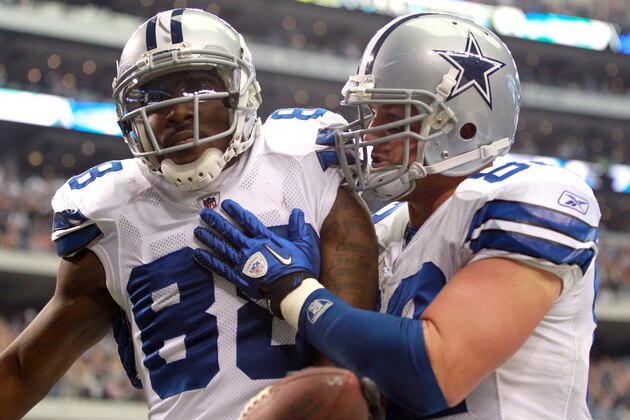 ARLINGTON, TX - OCTOBER 02:  Dez Bryant #88 of the Dallas Cowboys and  Jason Witten #82 celebrate a touchdown against the Detroit Lions during the first quarter at Cowboys Stadium on October 2, 2011 in Arlington, Texas.  (Photo by Ronald Martinez/Getty Images)