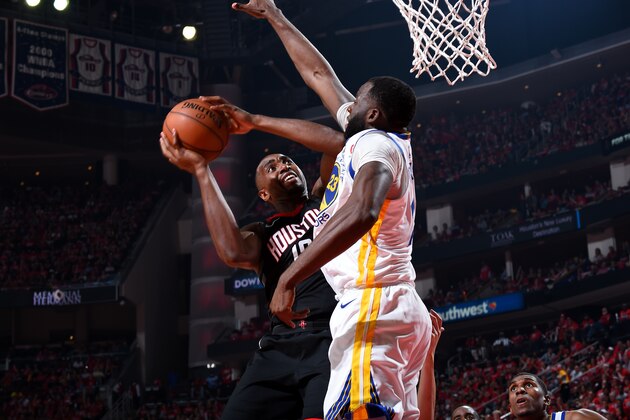 HOUSTON, TX - MAY 14:  Luc Mbah a Moute #12 of the Houston Rockets shoots the ball against the Golden State Warriors during Game One of the Western Conference Finals of the 2018 NBA Playoffs on May 14, 2018 at the Toyota Center in Houston, Texas. NOTE TO USER: User expressly acknowledges and agrees that, by downloading and or using this photograph, User is consenting to the terms and conditions of the Getty Images License Agreement. Mandatory Copyright Notice: Copyright 2018 NBAE (Photo by Andrew D. Bernstein/NBAE via Getty Images)