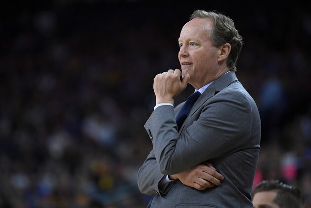 OAKLAND, CA - MARCH 23:  Head coach Mike Budenholzer of the Atlanta Hawks looks on against the Golden State Warriors during an NBA basketball game at ORACLE Arena on March 23, 2018 in Oakland, California. NOTE TO USER: User expressly acknowledges and agrees that, by downloading and or using this photograph, User is consenting to the terms and conditions of the Getty Images License Agreement.  (Photo by Thearon W. Henderson/Getty Images)