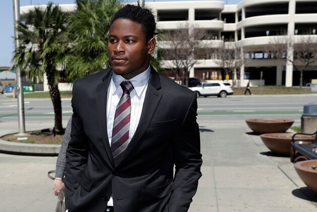 FILE - In this April 12, 2018, file photo, San Francisco 49ers linebacker Reuben Foster arrives at Santa Clara County Superior Court in San Jose, Calif. Foster pleaded not guilty Tuesday, May 8, 2018, to charges stemming from allegations that he attacked his then-girlfriend in their home in February. A preliminary hearing has been scheduled for May 17, at which point Foster's former girlfriend, Elissa Ennis, may testify under oath. (AP Photo/Marcio Jose Sanchez, File)