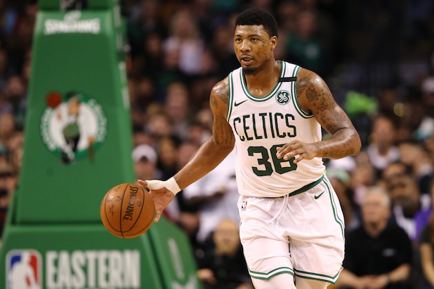 BOSTON, MA - MAY 13: Marcus Smart #36 of the Boston Celtics handles the ball on offense against the Cleveland Cavaliers in Game One of the Eastern Conference Finals of the 2018 NBA Playoffs at TD Garden on May 13, 2018 in Boston, Massachusetts. The Boston Celtics defeated the Cleveland Cavaliers 108-83. (Photo by Maddie Meyer/Getty Images)