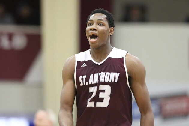 St. Anthony's Charles Bassey #23 yells to a teammate against Hudson Catholic during a high school basketball game at the 2017 Hoophall Classic on Saturday, January 14,, 2017, in Springfield, MA. Hudson Catholic won the game. (AP Photo/Gregory Payan)
