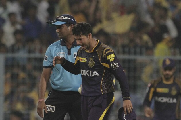 Kolkata Night Riders' Kuldeep Yadav reacts after taking the wicket of Delhi Daredevils' Trent Boult during VIVO IPL cricket T20 match in Kolkata, India, Monday, April 16, 2018. (AP Photo/Bikas Das)
