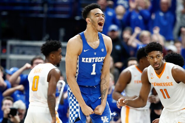 ST LOUIS, MO - MARCH 11:  Sacha Killeya-Jones #1 of the Kentucky Wildcats celebrates after a basket in the 77-72 win against the Tennessee Volunteers during the Championship game of the 2018 SEC Basketball Tournament at Scottrade Center on March 11, 2018 in St Louis, Missouri.  (Photo by Andy Lyons/Getty Images)