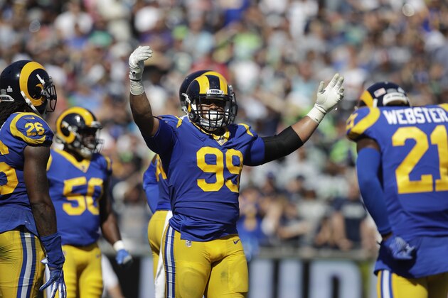 Los Angeles Rams' Aaron Donald fires up the crow during an NFL football game against the Seattle Seahawks Sunday, Oct. 8, 2017, in Los Angeles. (AP Photo/Jae C. Hong)
