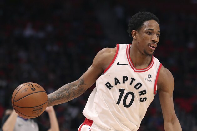 Toronto Raptors guard DeMar DeRozan brings the ball up court during the second half of an NBA basketball game against the Detroit Pistons, Monday, April 9, 2018, in Detroit. (AP Photo/Carlos Osorio)