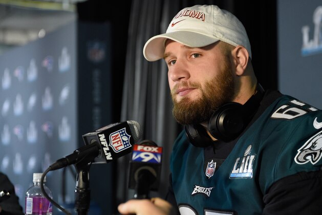 BLOOMINGTON, MN - JANUARY 31: Lane Johnson #65 of the Philadelphia Eagles speaks to the media during Super Bowl LII media availability on January 31, 2018 at Mall of America in Bloomington, Minnesota. The Philadelphia Eagles will face the New England Patriots in Super Bowl LII on February 4th. (Photo by Hannah Foslien/Getty Images)