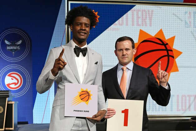 CHICAGO, IL - MAY 15:  Josh Jackson #20 of the Phoenix Suns and General Manager of the Phoenix Suns, Ryan McDonough pose for a photo after getting the number one pick in the 2018 NBA Draft during the NBA Draft Lottery on May 15, 2018 at The Palmer House Hilton in Chicago, Illinois. NOTE TO USER: User expressly acknowledges and agrees that, by downloading and or using this Photograph, user is consenting to the terms and conditions of the Getty Images License Agreement. Mandatory Copyright Notice: Copyright 2018 NBAE (Photo by Gary Dineen/NBAE via Getty Images)