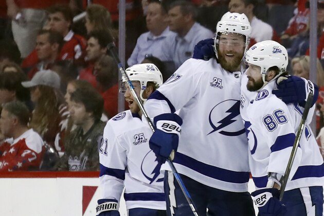 Tampa Bay Lightning center Brayden Point, left, defenseman Victor Hedman (77), from Sweden, and right wing Nikita Kucherov (86), from Russia, celebrate Kucherov's goal during the second period of Game 3 of the NHL Eastern Conference finals hockey playoff series against the Washington Capitals, Tuesday, May 15, 2018, in Washington. (AP Photo/Alex Brandon)