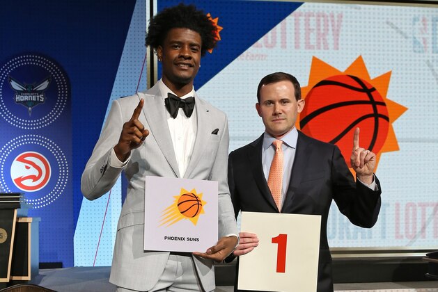 CHICAGO, IL - MAY 15:  Josh Jackson #20 of the Phoenix Suns and General Manager of the Phoenix Suns, Ryan McDonough pose for a photo after getting the number one pick in the 2018 NBA Draft during the NBA Draft Lottery on May 15, 2018 at The Palmer House Hilton in Chicago, Illinois. NOTE TO USER: User expressly acknowledges and agrees that, by downloading and or using this Photograph, user is consenting to the terms and conditions of the Getty Images License Agreement. Mandatory Copyright Notice: Copyright 2018 NBAE (Photo by Gary Dineen/NBAE via Getty Images)