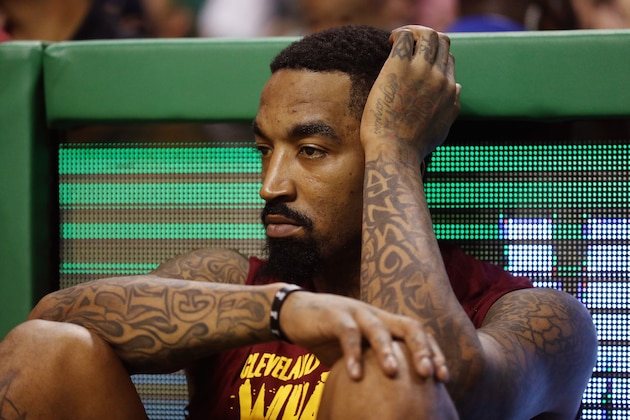 BOSTON, MA - MAY 15:  JR Smith #5 of the Cleveland Cavaliers reacts in the second half against the Boston Celtics during Game Two of the 2018 NBA Eastern Conference Finals at TD Garden on May 15, 2018 in Boston, Massachusetts. NOTE TO USER: User expressly acknowledges and agrees that, by downloading and or using this photograph, User is consenting to the terms and conditions of the Getty Images License Agreement.  (Photo by Maddie Meyer/Getty Images)