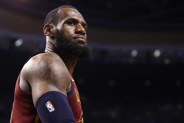 BOSTON, MA - MAY 15:  LeBron James #23 of the Cleveland Cavaliers reacts in the second half against the Boston Celtics during Game Two of the 2018 NBA Eastern Conference Finals at TD Garden on May 15, 2018 in Boston, Massachusetts. NOTE TO USER: User expressly acknowledges and agrees that, by downloading and or using this photograph, User is consenting to the terms and conditions of the Getty Images License Agreement.  (Photo by Maddie Meyer/Getty Images)