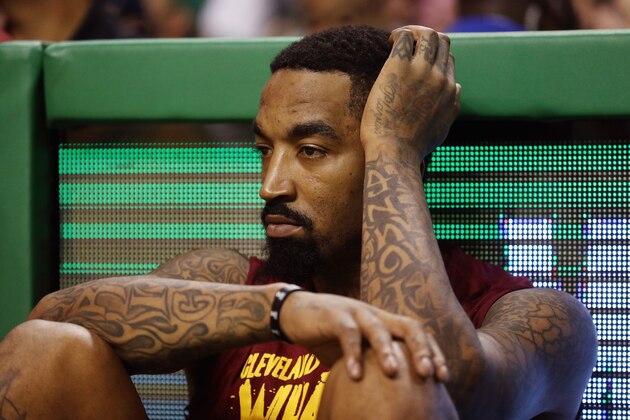 BOSTON, MA - MAY 15:  JR Smith #5 of the Cleveland Cavaliers reacts in the second half against the Boston Celtics during Game Two of the 2018 NBA Eastern Conference Finals at TD Garden on May 15, 2018 in Boston, Massachusetts. NOTE TO USER: User expressly acknowledges and agrees that, by downloading and or using this photograph, User is consenting to the terms and conditions of the Getty Images License Agreement.  (Photo by Maddie Meyer/Getty Images)