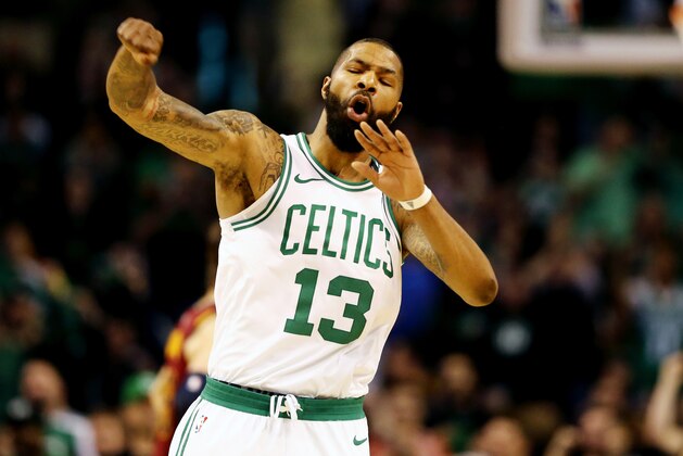 BOSTON, MA - MAY 13:  Marcus Morris #13 of the Boston Celtics celebrates the play against the Cleveland Cavaliers during the first quarter in Game One of the Eastern Conference Finals of the 2018 NBA Playoffs at TD Garden on May 13, 2018 in Boston, Massachusetts.  (Photo by Maddie Meyer/Getty Images)