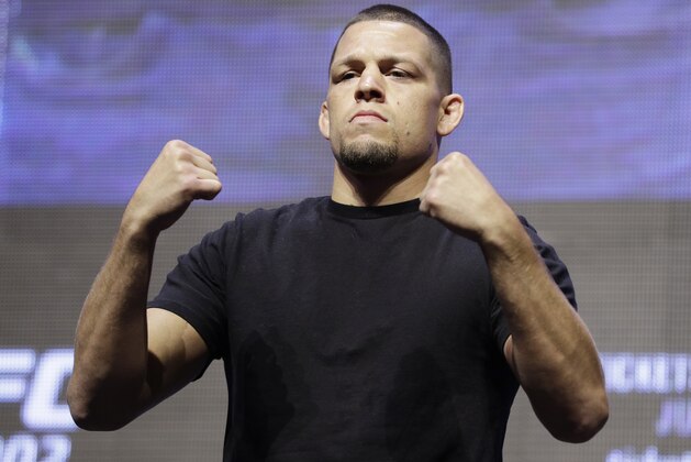 Nate Diaz poses during a UFC 202 mixed martial arts news conference, Thursday, July 7, 2016, in Las Vegas. Diaz is scheduled to fight Conor McGregor at UFC 202 in Las Vegas. (AP Photo/John Locher)