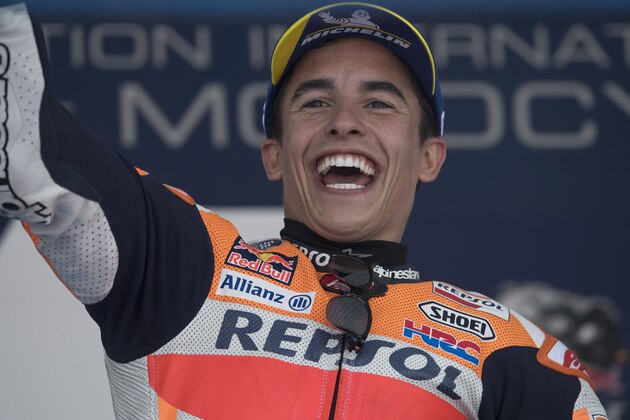 JEREZ DE LA FRONTERA, SPAIN - MAY 06:  Marc Marquez of Spain and Repsol Honda Team  celebrates the MotoGP victory on the podium at the end of the MotoGp race during the MotoGp of Spain - Race at Circuito de Jerez on May 6, 2018 in Jerez de la Frontera, Spain.  (Photo by Mirco Lazzari gp/Getty Images)