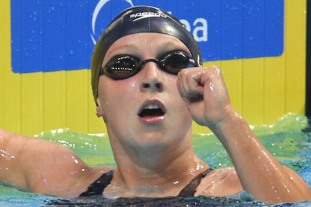 United States' Katie Ledecky reacts after winning the gold medal in the women's 1500-meter freestyle final during the swimming competitions of the World Aquatics Championships in Budapest, Hungary, Tuesday, July 25, 2017. (AP Photo/Darko Bandic)