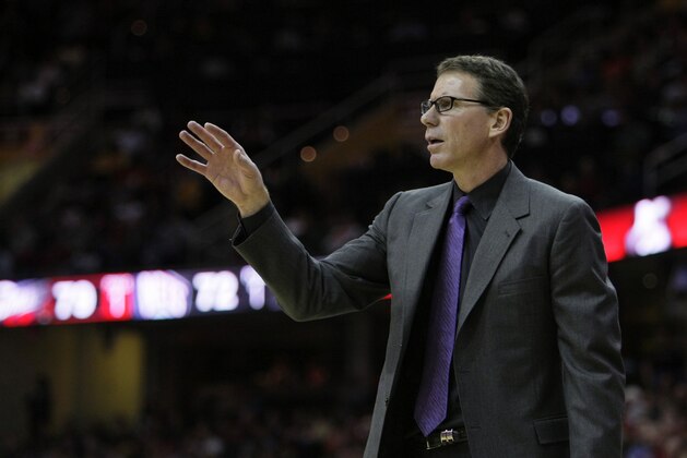 New Jersey Nets coach Kiki Vandeweghe calls to his team during an NBA basketball game against the Cleveland Cavaliers Tuesday, Dec. 15, 2009, in Cleveland. (AP Photo/Mark Duncan)