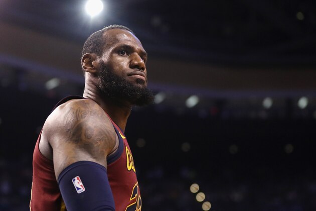 BOSTON, MA - MAY 15:  LeBron James #23 of the Cleveland Cavaliers reacts in the second half against the Boston Celtics during Game Two of the 2018 NBA Eastern Conference Finals at TD Garden on May 15, 2018 in Boston, Massachusetts. NOTE TO USER: User expressly acknowledges and agrees that, by downloading and or using this photograph, User is consenting to the terms and conditions of the Getty Images License Agreement.  (Photo by Maddie Meyer/Getty Images)