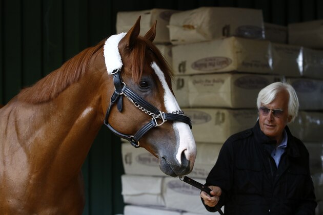 Kentucky Derby winner Justify walks in a barn with trainer Bob Baffert, Wednesday, May 16, 2018, after Justify's arrival at Pimlico Race Course in Baltimore. The Preakness Stakes horse race is scheduled to take place Saturday, May 19. (AP Photo/Patrick Semansky)