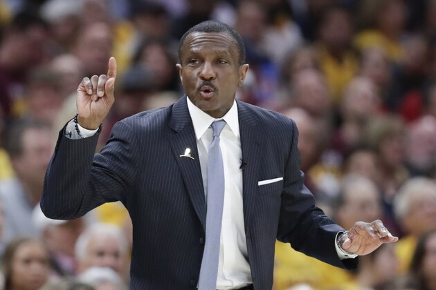 Toronto Raptors head coach Dwane Casey gestures against the Cleveland Cavaliers in the first half of Game 4 of an NBA basketball second-round playoff series, Monday, May 7, 2018, in Cleveland. (AP Photo/Tony Dejak)