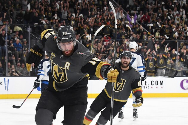 LAS VEGAS, NV - MAY 16:  James Neal #18 of the Vegas Golden Knights celebrates his second period goal against the Winnipeg Jets in Game Three of the Western Conference Finals during the 2018 NHL Stanley Cup Playoffs at T-Mobile Arena on May 16, 2018 in Las Vegas, Nevada.  (Photo by Ethan Miller/Getty Images)