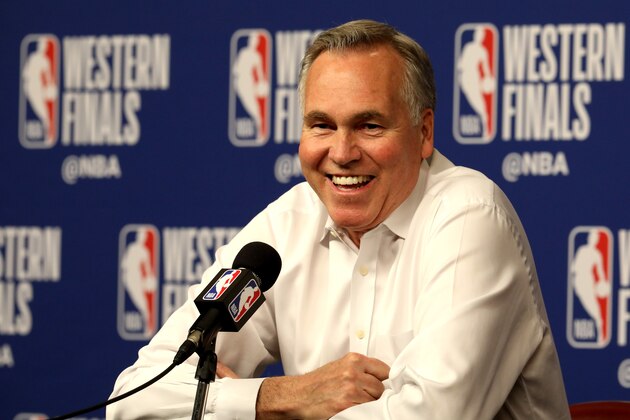 HOUSTON, TX - MAY 14:  Mike D'Antoni of the Houston Rockets speaks to the media prior to Game One of the Western Conference Finals against the Golden State Warriors of the 2018 NBA Playoffs at Toyota Center on May 14, 2018 in Houston, Texas. NOTE TO USER: User expressly acknowledges and agrees that, by downloading and or using this photograph, User is consenting to the terms and conditions of the Getty Images License Agreement.  (Photo by Ronald Martinez/Getty Images)