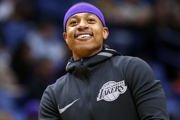 NEW ORLEANS, LA - MARCH 22:  Isaiah Thomas #3 of the Los Angeles Lakers reacts before a game against the New Orleans Pelicans at the Smoothie King Center on March 22, 2018 in New Orleans, Louisiana. NOTE TO USER: User expressly acknowledges and agrees that, by downloading and or using this photograph, User is consenting to the terms and conditions of the Getty Images License Agreement.  (Photo by Jonathan Bachman/Getty Images)