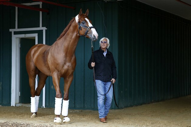 Trainer Bob Baffert walks Kentucky Derby winner Justify in a barn, Wednesday, May 16, 2018, after Justify's arrival at Pimlico Race Course in Baltimore. The Preakness Stakes horse race is scheduled to take place May 19. (AP Photo/Patrick Semansky)