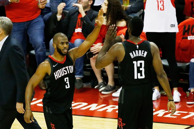 HOUSTON, TX - MAY 16:  Chris Paul #3 and James Harden #13 of the Houston Rockets react in the second half against the Golden State Warriors in Game Two of the Western Conference Finals of the 2018 NBA Playoffs at Toyota Center on May 16, 2018 in Houston, Texas.  (Photo by Tim Warner/Getty Images)