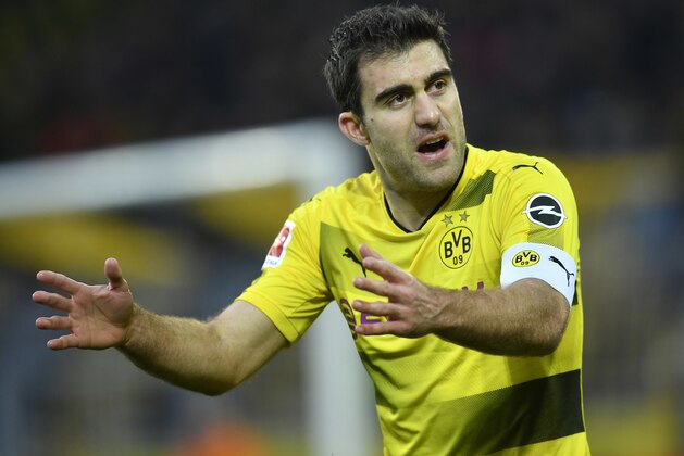 Dortmund's Sokratis reacts during the German Bundesliga soccer match between Borussia Dortmund and SC Freiburg in Dortmund, Germany, Saturday, Jan. 27, 2018.  (AP Photo/Martin Meissner)