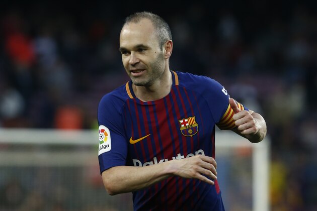 Barcelona's Spanish midfielder Andres Iniesta reacts during the Spanish league football match between Barcelona and Villarreal at the Camp Nou Stadium in Barcelona on May 9, 2018. (Photo by Pau Barrena / AFP)        (Photo credit should read PAU BARRENA/AFP/Getty Images)