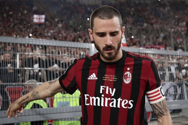 AC Milan's defender Leonardo Bonucci looks dejected at the end of the Italian Tim Cup (Coppa Italia) final Juventus vs AC Milan at the Olympic stadium on May 9, 2018 in Rome. - Juventus crushed AC Milan 4-0 on today at the Stadio Olimpico to win a fourth consecutive Italian Cup. Mehdi Benatia opened the floodgates after 56 minutes for the first of a double of the night for the Moroccan with Douglas Costa also finding the net in the space of nine minutes. A Nikola Kalinic own goal accounted for the fourth (Photo by Isabella Bonotto / AFP)        (Photo credit should read ISABELLA BONOTTO/AFP/Getty Images)