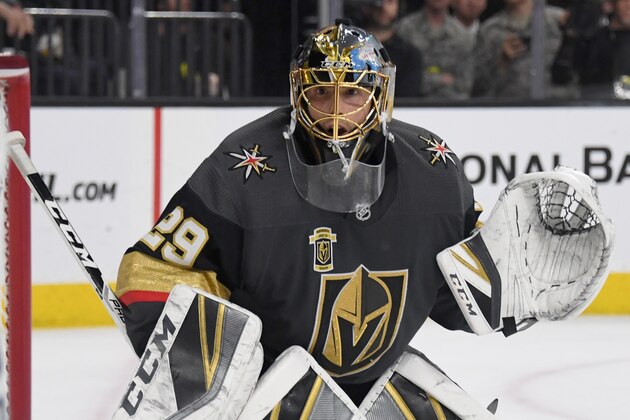 LAS VEGAS, NV - MAY 16:  Marc-Andre Fleury #29 of the Vegas Golden Knights tends net against the Winnipeg Jets in the third period of Game Three of the Western Conference Finals during the 2018 NHL Stanley Cup Playoffs at T-Mobile Arena on May 16, 2018 in Las Vegas, Nevada. The Golden Knights won 4-2.  (Photo by Ethan Miller/Getty Images)