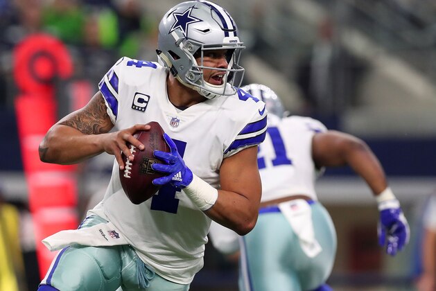 ARLINGTON, TX - DECEMBER 24:  Dak Prescott #4 of the Dallas Cowboys looks to pass against the Seattle Seahawks in the first quarter of a football game at AT&T Stadium on December 24, 2017 in Arlington, Texas.  (Photo by Tom Pennington/Getty Images)