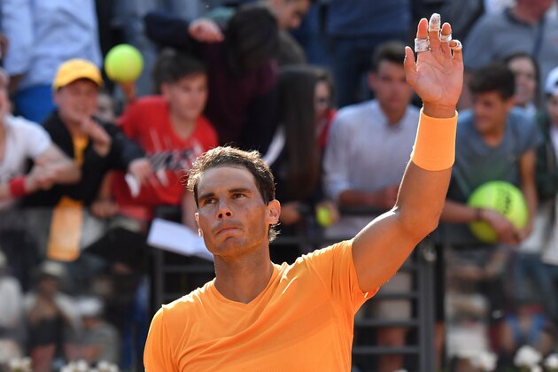 Spain's Rafael Nadal celebrates after winning his match against Canada's Denis Shapovalov during Rome's ATP Tennis Open tournament at the Foro Italico, on May 17, 2018 in Rome. (Photo by Andreas SOLARO / AFP)        (Photo credit should read ANDREAS SOLARO/AFP/Getty Images)