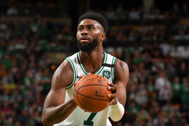 BOSTON, MA - MAY 15:  Jaylen Brown #7 of the Boston Celtics shoots a free throw against the Cleveland Cavaliers during Game Two of the Eastern Conference Finals of the 2018 NBA Playoffs on May 15, 2018 at the TD Garden in Boston, Massachusetts. NOTE TO USER: User expressly acknowledges and agrees that, by downloading and or using this photograph, User is consenting to the terms and conditions of the Getty Images License Agreement. Mandatory Copyright Notice: Copyright 2018 NBAE (Photo by Jesse D. Garrabrant/NBAE via Getty Images)