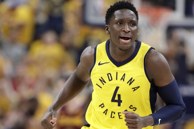 Indiana Pacers' Victor Oladipo jogs down the court during the first half of Game 6 of a first-round NBA basketball playoff series against the Cleveland Cavaliers, Friday, April 27, 2018, in Indianapolis. (AP Photo/Darron Cummings)