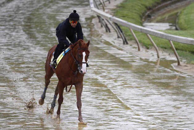 Kentucky Derby winner Justify, with exercise rider Humberto Gomez aboard, gallops around the track, Thursday, May 17, 2018, at Pimlico Race Course in Baltimore. The Preakness Stakes horse race is scheduled to take place Saturday, May 19. (AP Photo/Patrick Semansky)