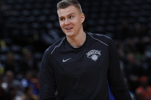 New York Knicks forward Kristaps Porzingis (6) in the first half of an NBA basketball game Thursday, Jan. 25, 2018, in Denver. (AP Photo/David Zalubowski)