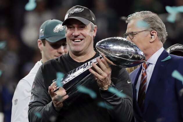 Philadelphia Eagles head coach Doug Pederson holds up the Vincent Lombardi trophy after winning the NFL Super Bowl 52 football game against the New England Patriots, Sunday, Feb. 4, 2018, in Minneapolis. The Eagles won 41-33. (AP Photo/Tony Gutierrez)