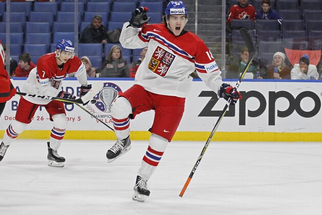 Czech Republic forward Filip Zadina celebrates his goal against Canada during the first period of a semifinal in the IIHF world junior hockey championships Thursday, Jan. 4, 2018, in Buffalo, N.Y. (AP Photo/Jeffrey T. Barnes)