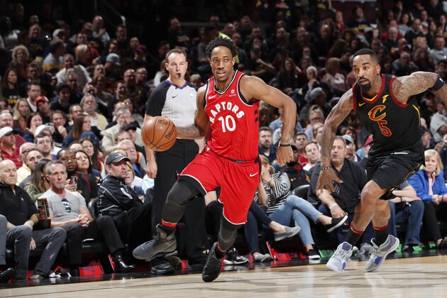 CLEVELAND, OH - MAY 5: DeMar DeRozan #10 of the Toronto Raptors handles the ball against the Cleveland Cavaliers during Game Three of the Eastern Conference Semi Finals of the 2018 NBA Playoffs against the Toronto Raptors on May 5, 2018 at Quicken Loans Arena in Cleveland, Ohio. NOTE TO USER: User expressly acknowledges and agrees that, by downloading and/or using this Photograph, user is consenting to the terms and conditions of the Getty Images License Agreement. Mandatory Copyright Notice: Copyright 2018 NBAE (Photo by Jeff Haynes/NBAE via Getty Images)