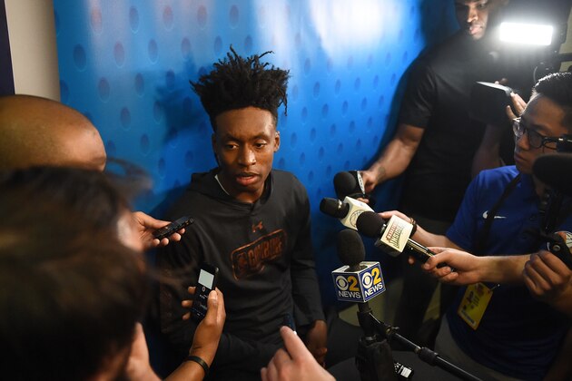 CHICAGO, IL - MAY 17:  Collin Sexton speaks with reporters during Day One of the NBA Draft Combine at Quest MultiSport Complex on May 17, 2018 in Chicago, Illinois.  NOTE TO USER: User expressly acknowledges and agrees that, by downloading and or using this photograph, User is consenting to the terms and conditions of the Getty Images License Agreement.  (Photo by Stacy Revere/Getty Images)