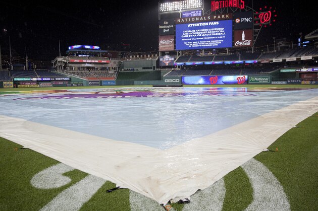 The scoreboard at Nationals Park announces that the interleague baseball game between the New York Yankees and Washington Nationals was suspended due to a severe storm that affected much of the Northeast, Tuesday, May 15, 2018, in Washington. The two teams will resume play tomorrow as part of a double-header. (AP Photo/Pablo Martinez Monsivais)