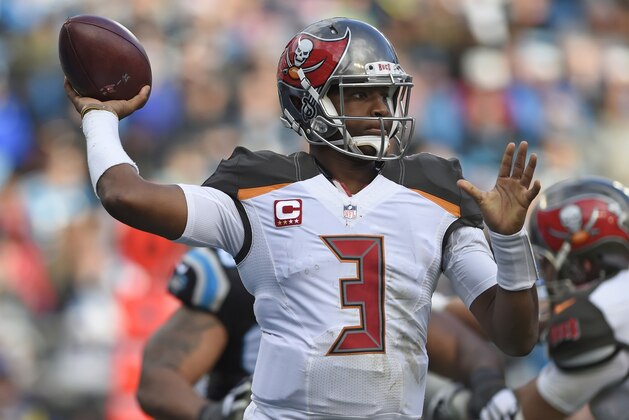Tampa Bay Buccaneers' Jameis Winston (3) looks to pass against the Carolina Panthers during the second half of an NFL football game in Charlotte, N.C., Sunday, Dec. 24, 2017. (AP Photo/Mike McCarn) Tampa Bay Buccaneers' Jameis Winston (3) looks to pass against the Carolina Panthers during the second half of an NFL football game in Charlotte, N.C., Sunday, Dec. 24, 2017. (AP Photo/Mike McCarn)