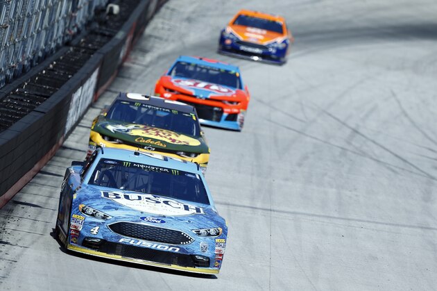 Driver Kevin Harvick leads the field during practice for a NASCAR Cup Series auto race, Saturday, April 14, 2018 in Bristol, Tenn. (AP Photo/Wade Payne)