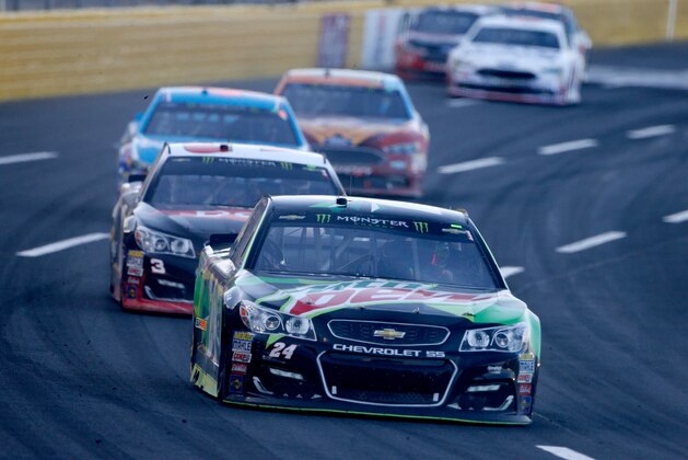 CHARLOTTE, NC - MAY 20:  Chase Elliott, driver of the #24 Mountain Dew Chevrolet, leads a pack of cars during the Monster Energy NASCAR Open at Charlotte Motor Speedway on May 20, 2017 in Charlotte, North Carolina.  (Photo by Jerry Markland/Getty Images)